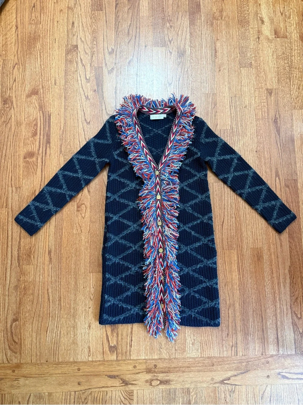 Tory Burch Tweed Trim Long Cardigan in Tory Navy Size XS